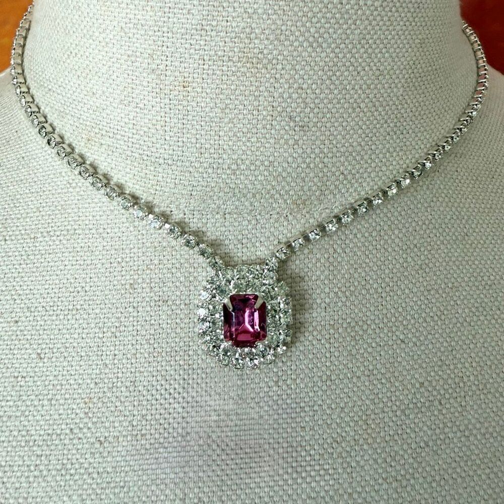 Vintage Fuchsia Pink Clear Rhinestone Halo Pendant Necklace